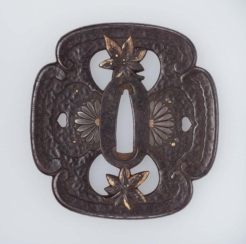 Tsuba with design of maples leaves and stylized chrysanthemums
