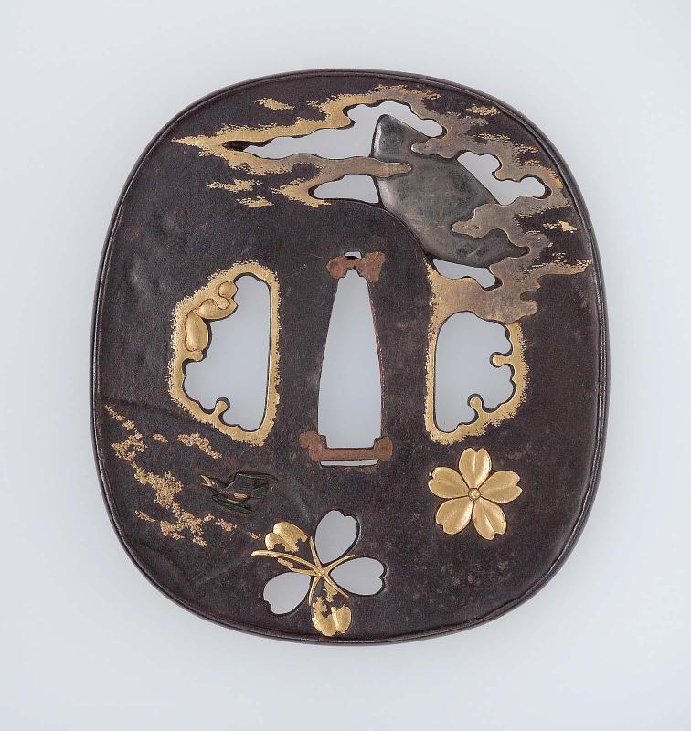 Tsuba with design of cherry-blossom, fan-shape, moon and clouds