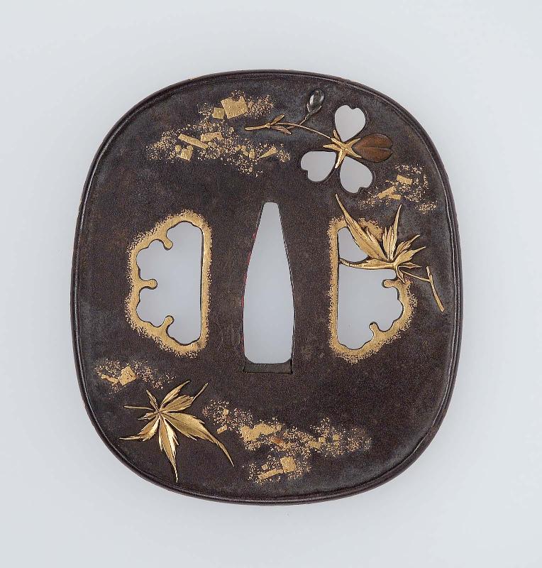 Tsuba with design of maple leaves and cherry blossom