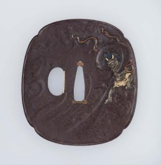 Tsuba with design of Futen releasing a storm, spiderweb and windblown leaves