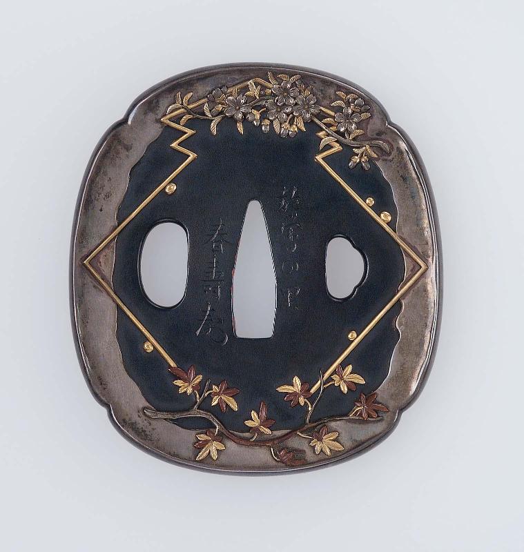 Tsuba with design of cherry-blossom and maple