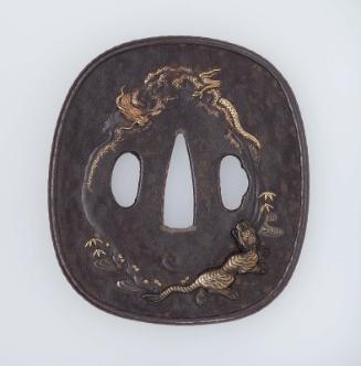 Tsuba with design of tiger, dragon, plum and bamboo