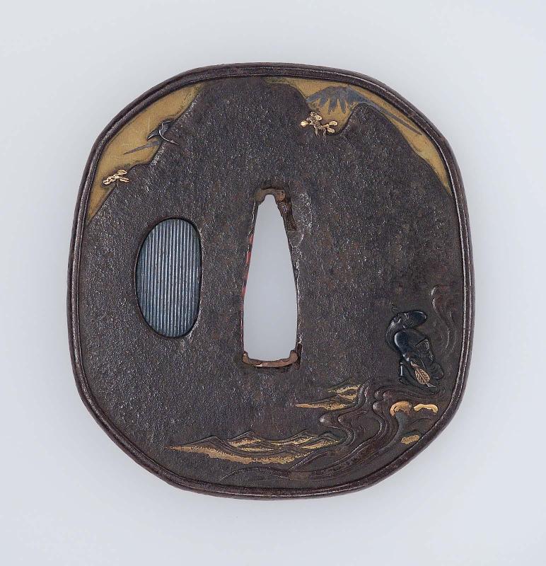 Tsuba with design of Jurojin looking up at Mount Fuji