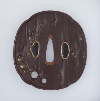 Tsuba with design of Chinese bellflowers and dragonfly on a ground imitating the surface of wood