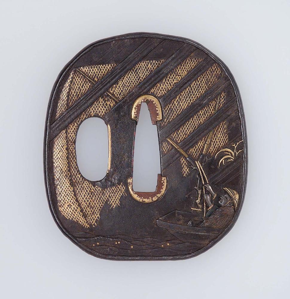 Tsuba with design of fisherman with nets