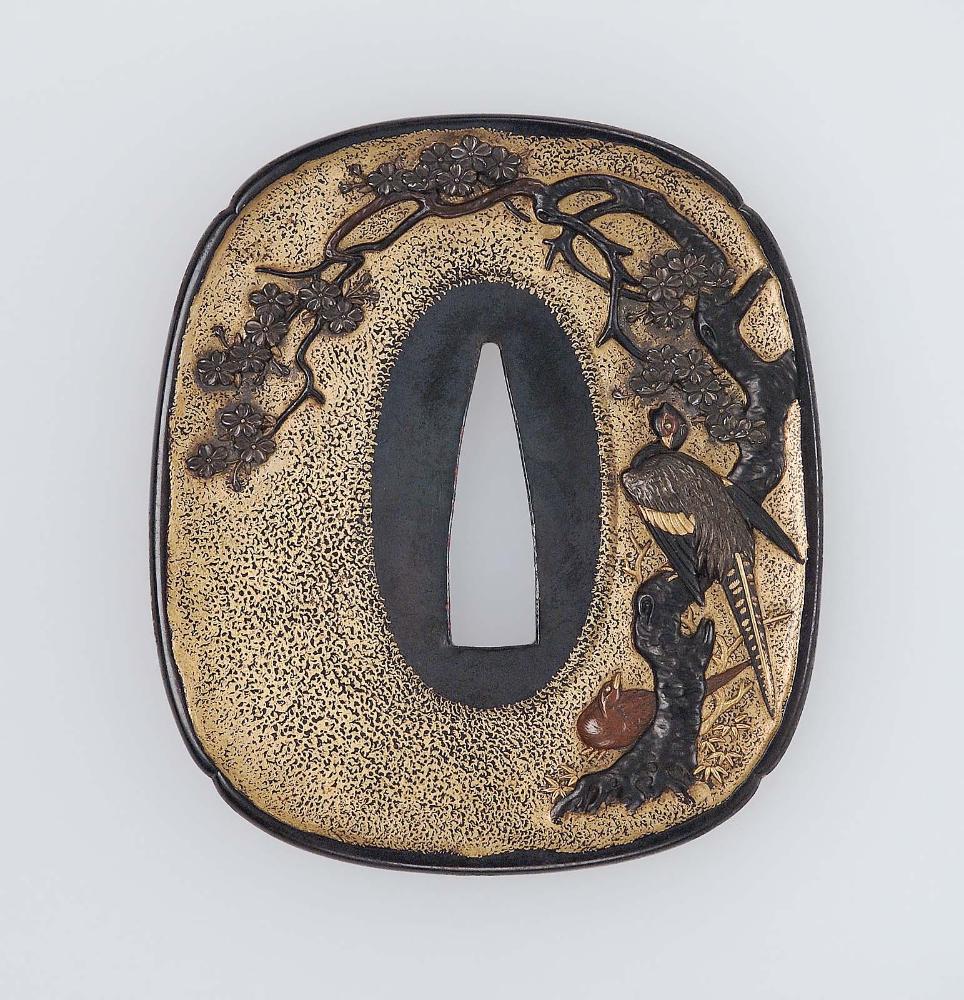 Tsuba with design of male and female pheasant, and cherry tree