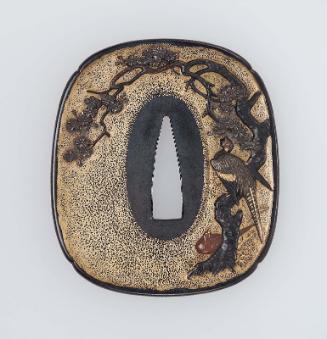 Tsuba with design of male and female pheasant, and cherry tree