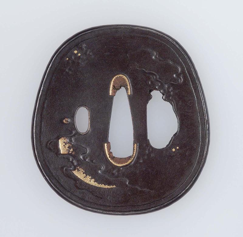 Tsuba with design of cherry-blossom, stylised snowflakes and crescent moon