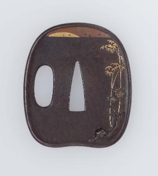 Tsuba with design of plum, bamboo, setting sun and birds