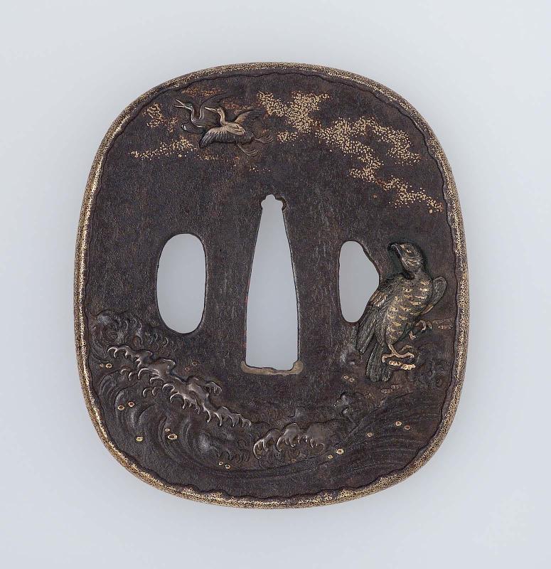 Tsuba with design of eagle, cranes and waves
