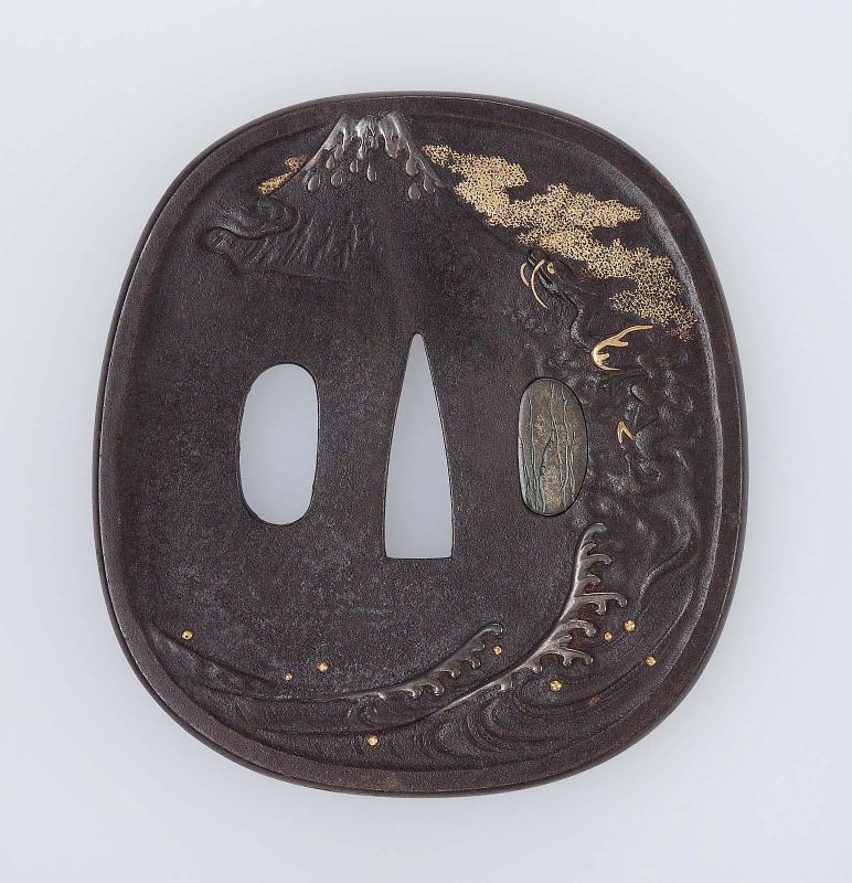 Tsuba with design of dragon, Mount Fuji and waves