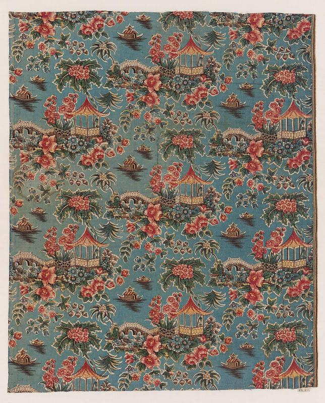 Piece of glazed chintz: Chinese Garden Pavilions and Boats