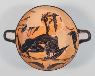 Drinking cup (kylix) depicting Herakles wrestling the Nemean lion