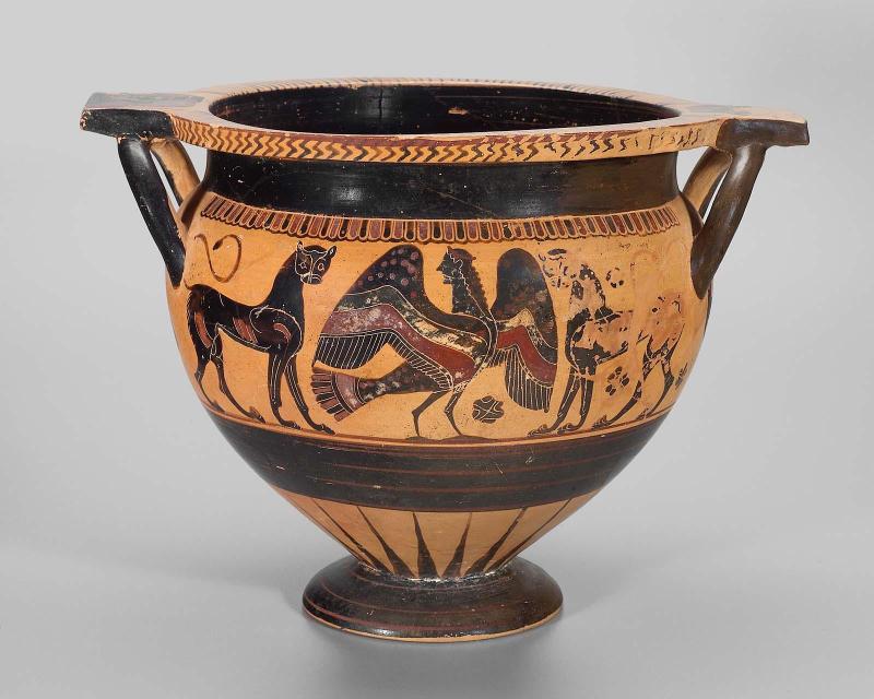 Mixing bowl (column-krater) with two bearded men and a woman flanked by sphinxes