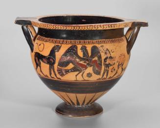 Mixing bowl (column-krater) with two bearded men and a woman flanked by sphinxes
