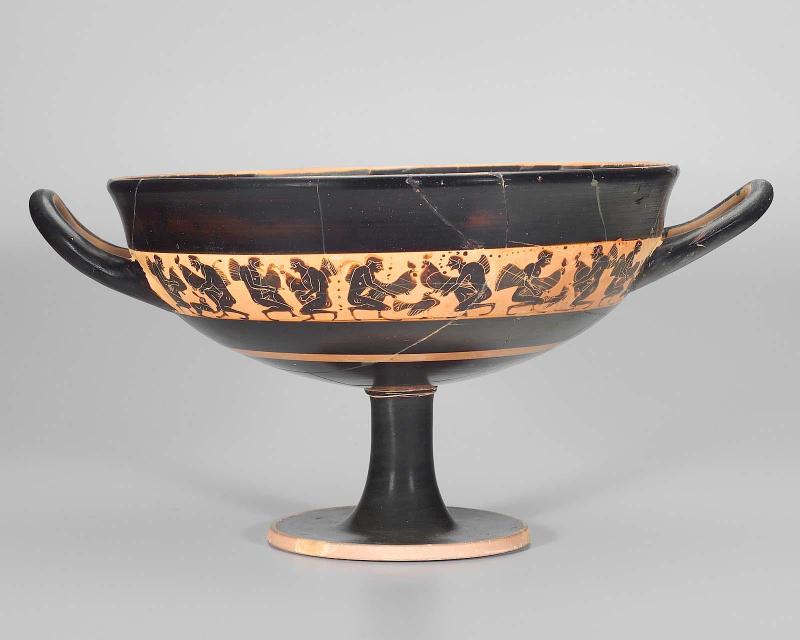 Drinking cup (kylix) depicting men and youths with gamecocks