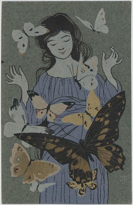 Woman with Butterflies from the series"Gold Color, Silver Paint" (Kin'iro Ginsai)