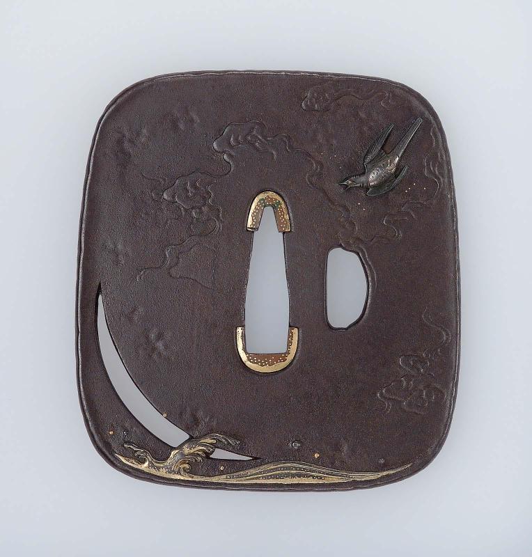 Tsuba with design of swallow, waves and crescent moon