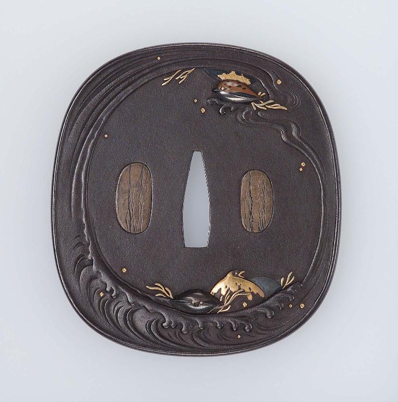 Tsuba with design of sparrows, hares and waves
