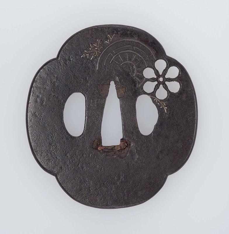 Tsuba with design of carriage-wheel and grasses