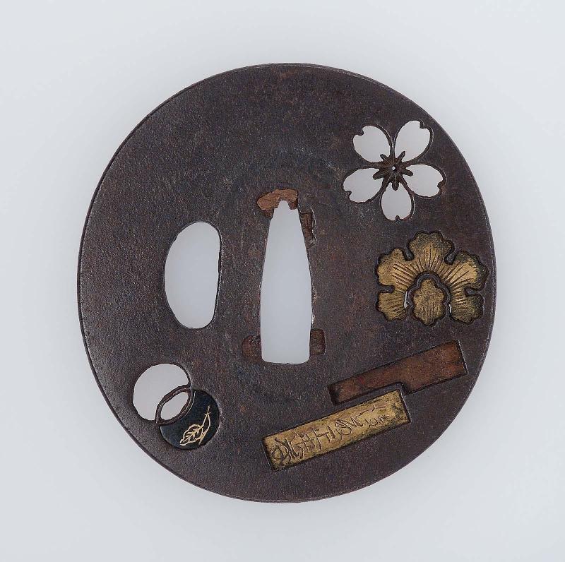 Tsuba with design of cherry- and peony-blossom, scrolls and pearls