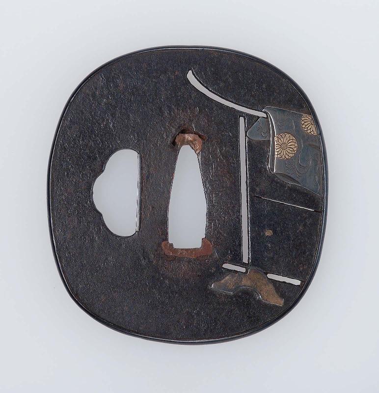 Tsuba with design of kimono on kimono stand
