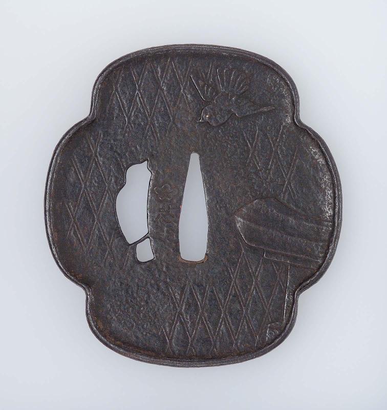 Tsuba with design of sparrow and torii on lattice background