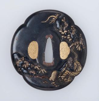 Tsuba with design of a sennin (perhaps Bukan Zenshi) and tiger