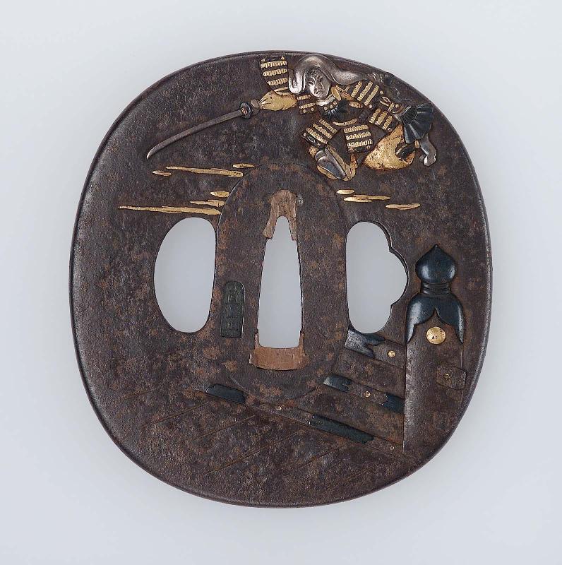 Tsuba with design of Ushiwakamaru (the future Minamoto no Yoshitsune) at the Gojo Bridge