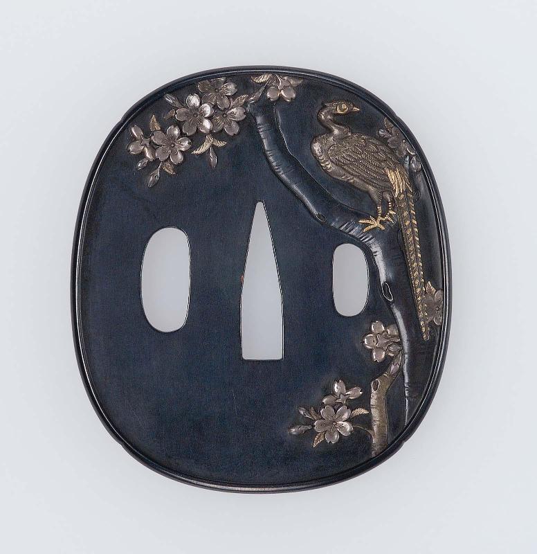 Tsuba with design of pheasant in a cherry tree