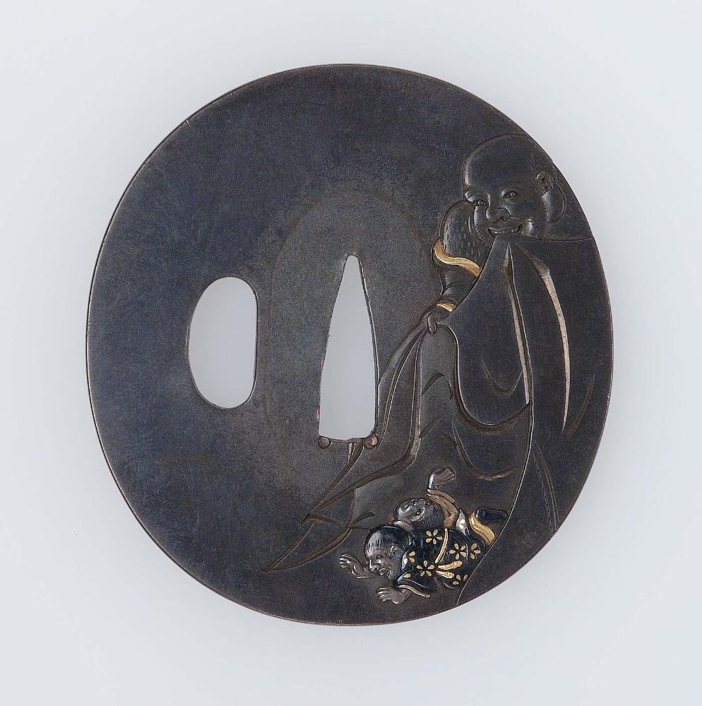 Tsuba with design of Hotei and two karako