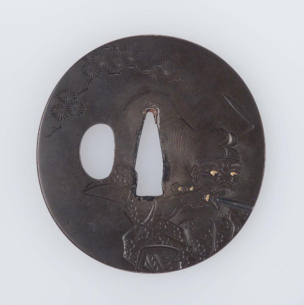 Tsuba with design of Shoki pursuing an oni