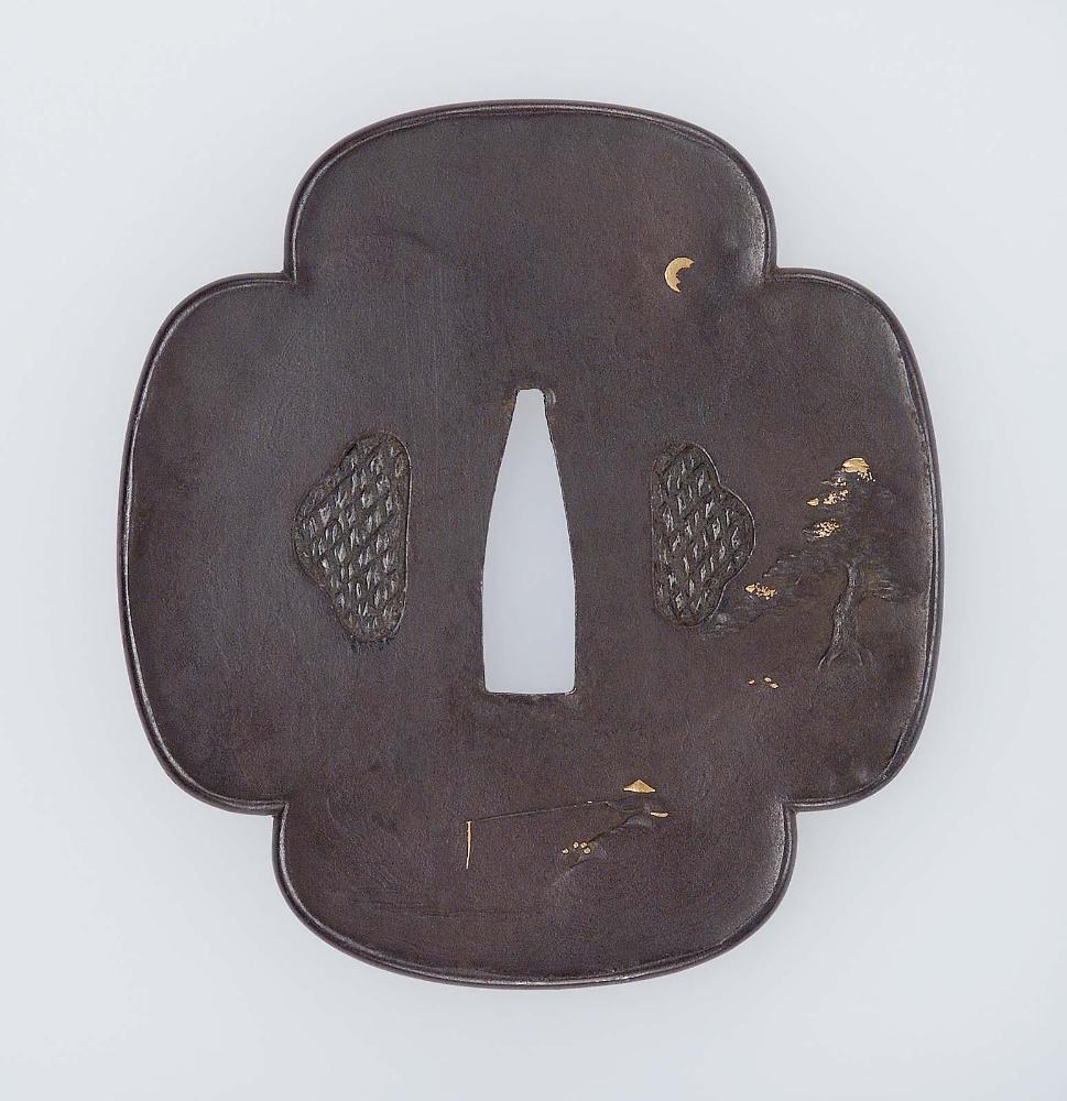 Tsuba with design of landscape with fisherman