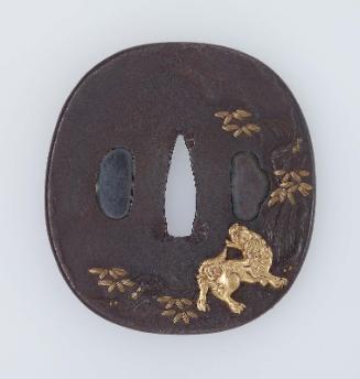 Tsuba with design of shishi and mountain stream