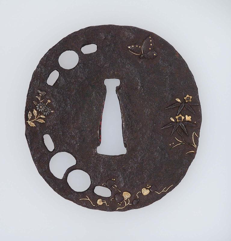 Tsuba with design of butterfly and plants