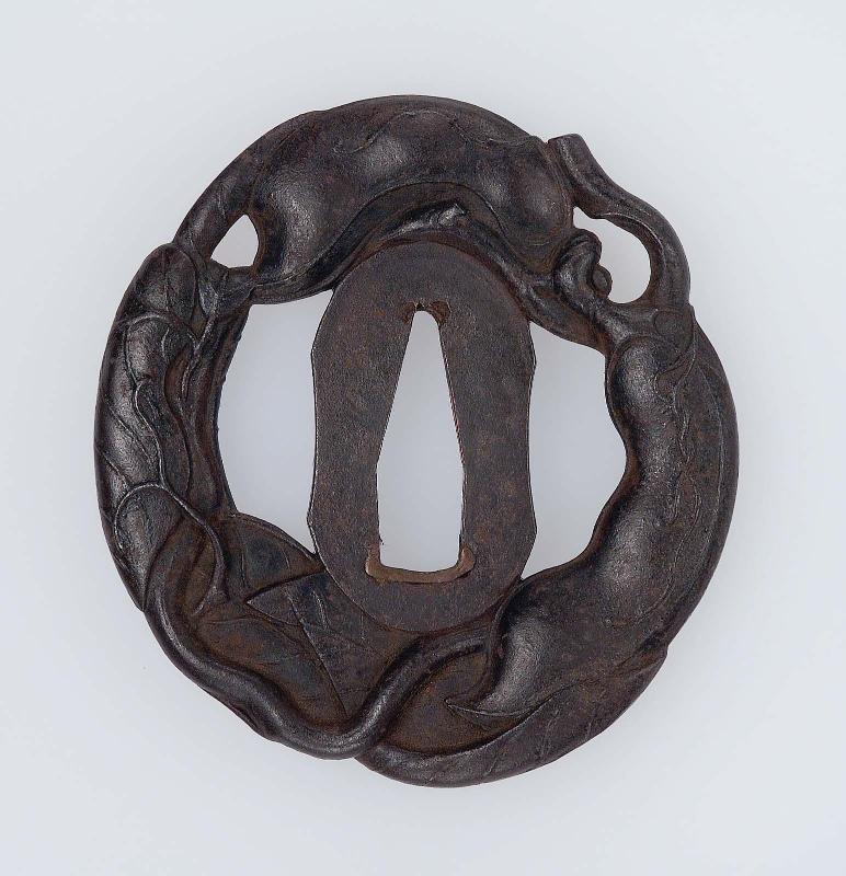 Tsuba in the form of beanpods and leaves