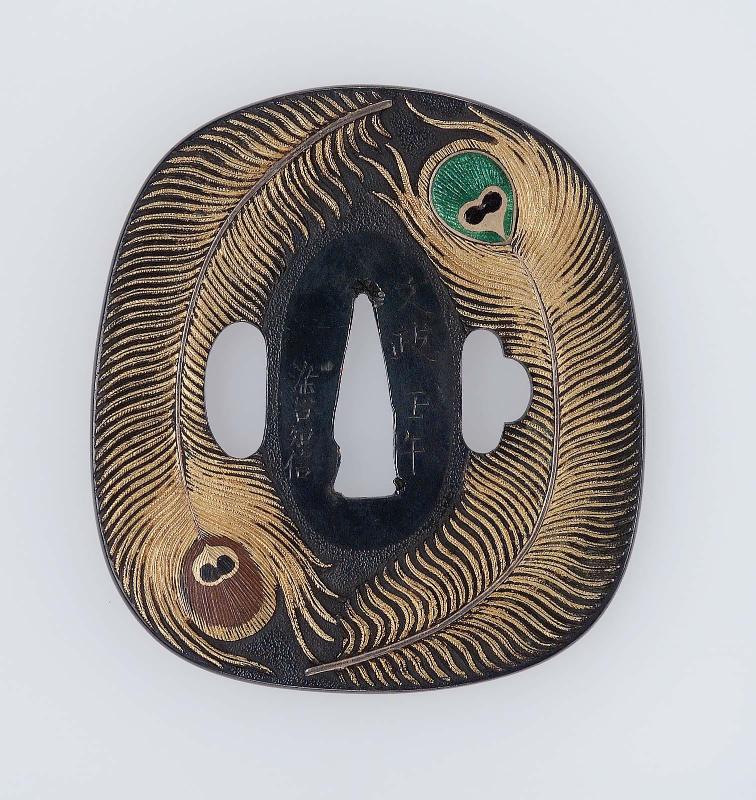 Tsuba with design of peacock feathers