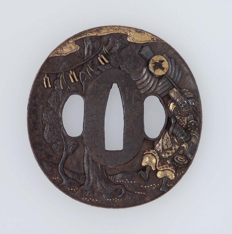 Tsuba with design of Manzai, shimenawa, pine and torii