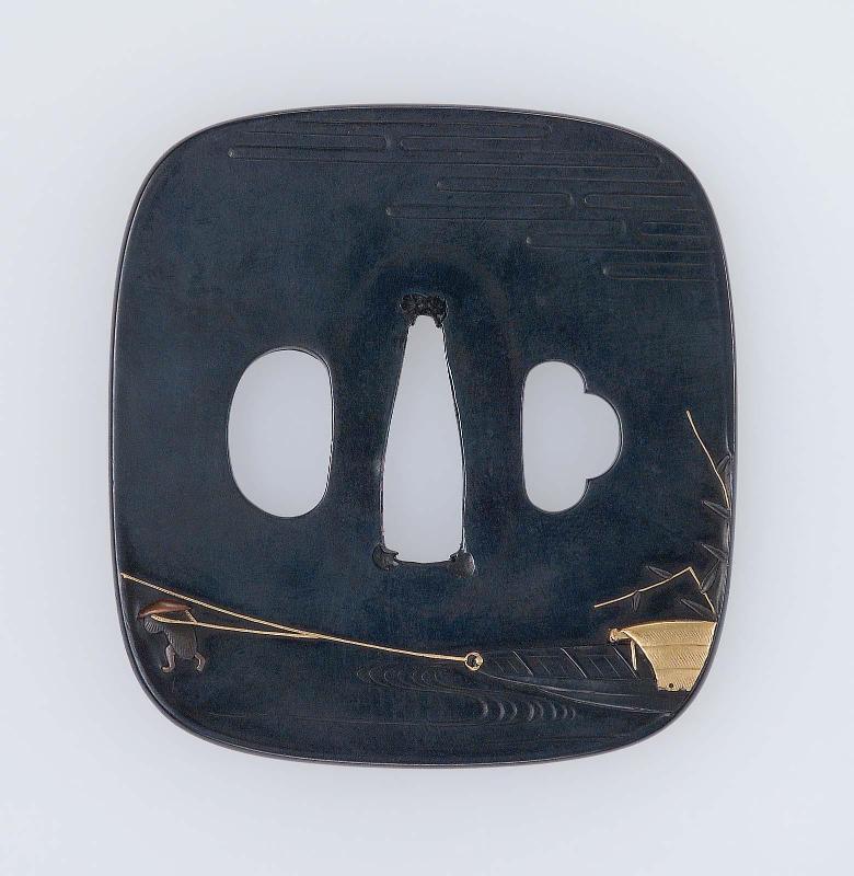 Tsuba with design of boatman hauling a boat