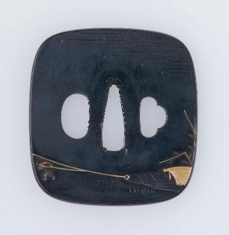 Tsuba with design of boatman hauling a boat