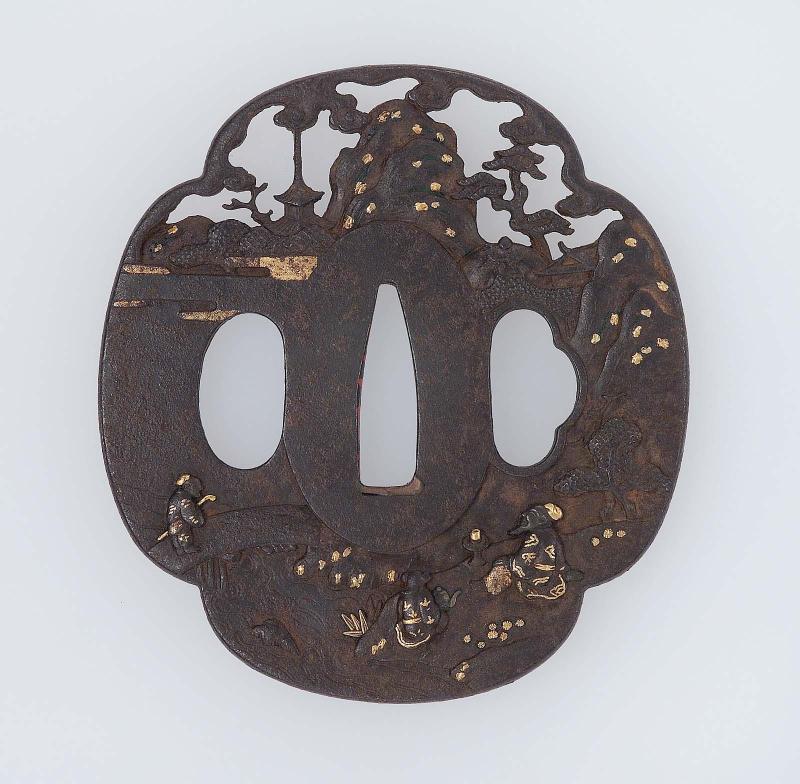 Tsuba with design of scholars in a landscape, probably the Kokei sansho, Three Laughers of Tiger Torrent