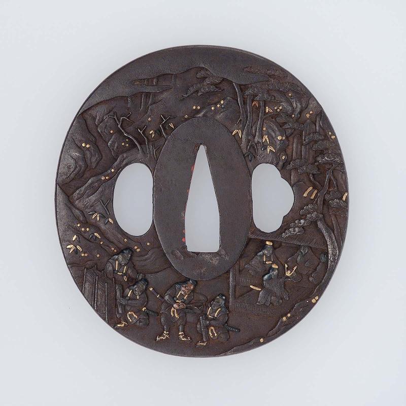 Tsuba with design of an episode from the Oeyama story: Raiko receives a magic cap from the Sumiyoshi deity, while his followers rest