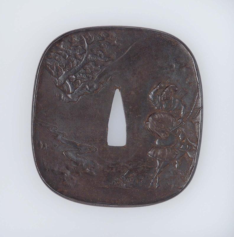 Tsuba with design of mounted samurai and attendant