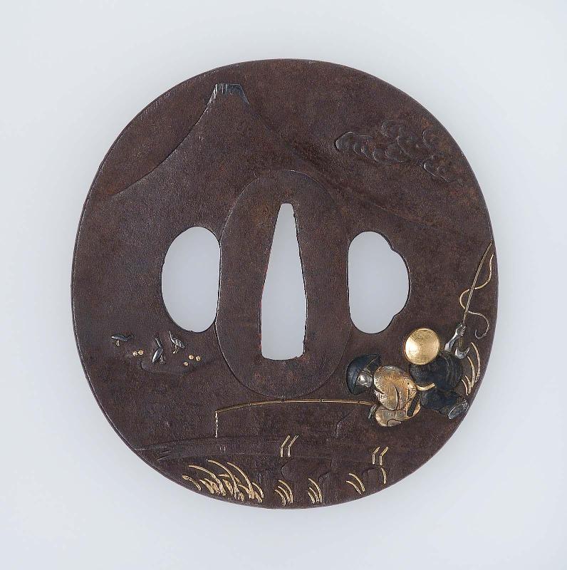Tsuba with design of fishermen under Mount Fuji