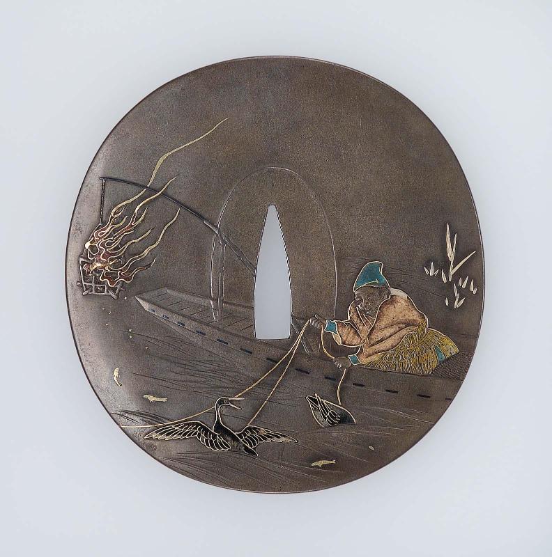 Tsuba with design of cormorant fishing