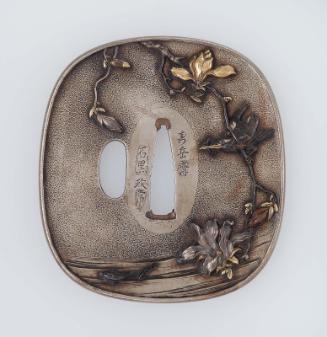 Tsuba with design of kingfisher and magnolia