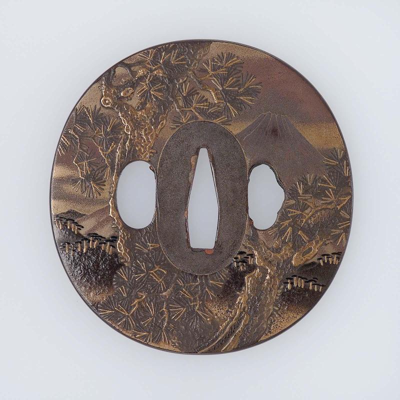 Tsuba with design of pines and Mount Fuji