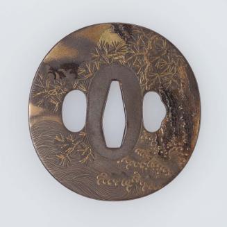 Tsuba with design of pines, sun and waves