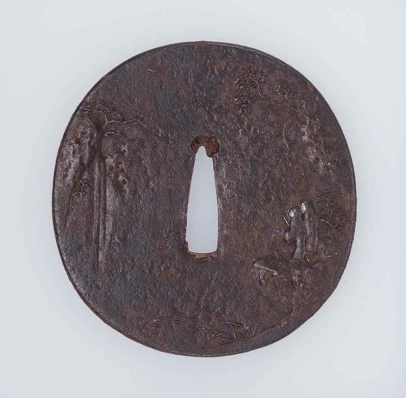 Tsuba with design of Li Bai and an attendant admiring a waterfall