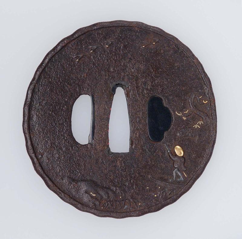Tsuba with design of landscape with boatman, geese and moon